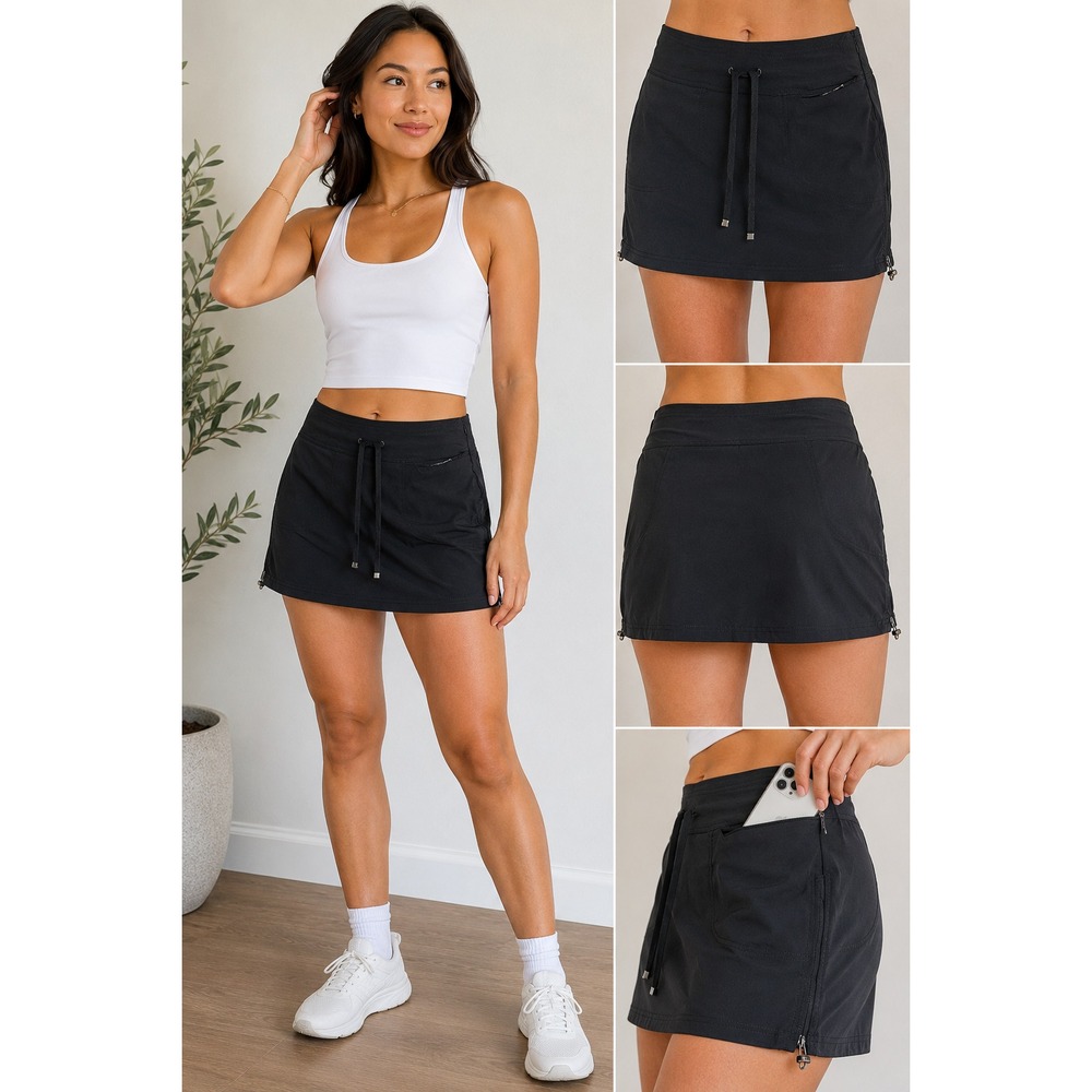 Green Tea Skort‎ Black Solid Activewear Drawstring Hiking Golf Large